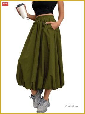 Bubble Skirt Elastic Waist Slant Pockets Puffy Hem A-Line Long Skirt
